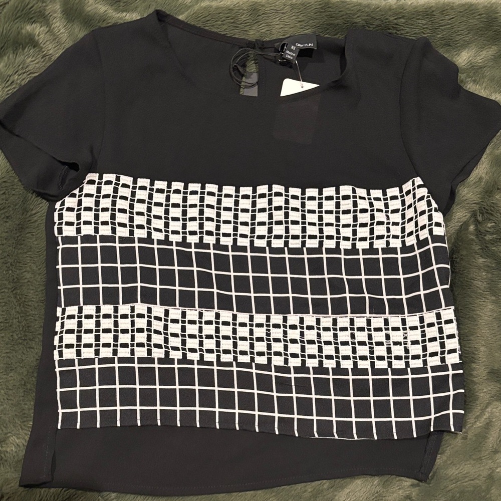 Greylin Black Short-Sleeve Grid Panel Blouse